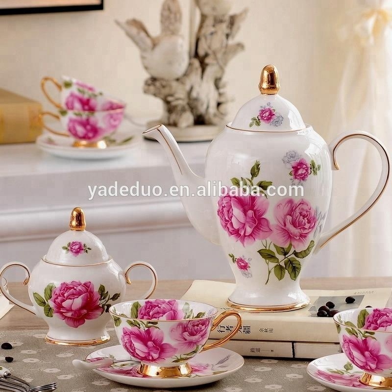 British floral 15pcs tea set ceramic coffee cup and saucer set porcelain teapot milk pot sugar jars set