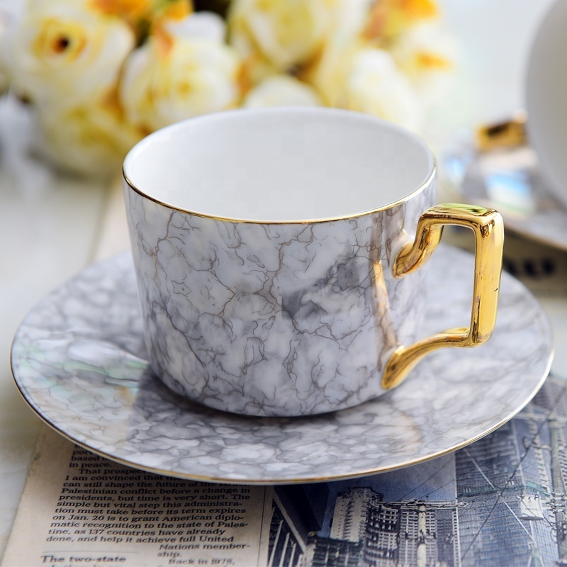 Nordic ceramic tea cup and saucer set for 6 persons porcelain marble coffee cup with teapot sugar bowl milk pot