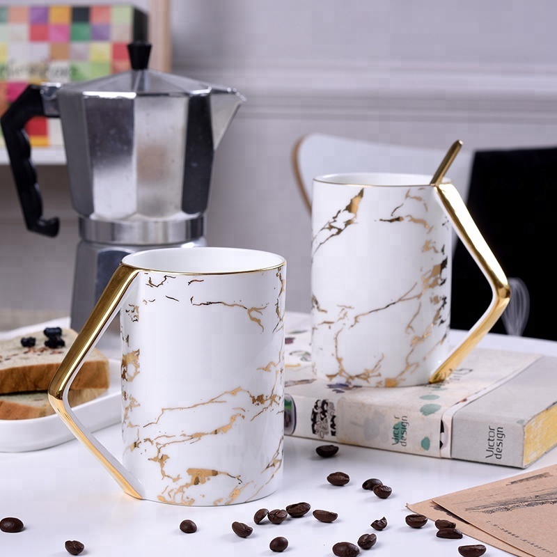 Custom design fine bone china gold marble coffee mug with handle porcelain tea mugs