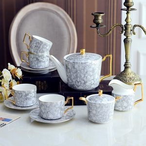 Nordic ceramic golden tea set for 6 persons porcelain marble coffee cup saucer teapot sugar bowl milk pot