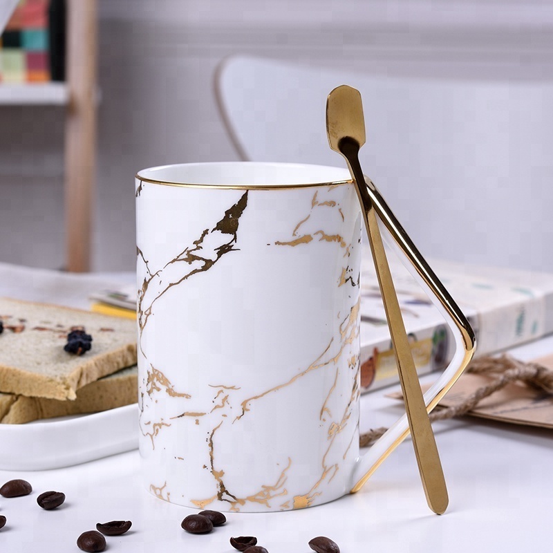 Custom design fine bone china gold marble coffee mug with handle porcelain tea mugs