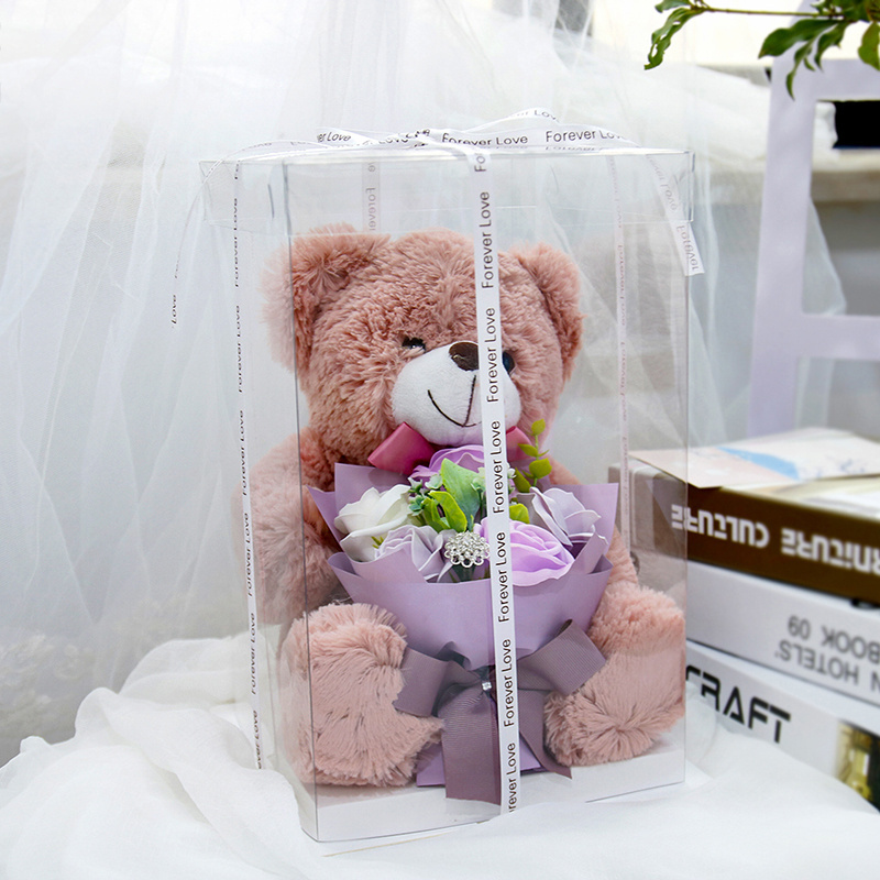 Cheap price flower artificial bouquet rose with teddy bear in PET gift box with ribbon packaging box