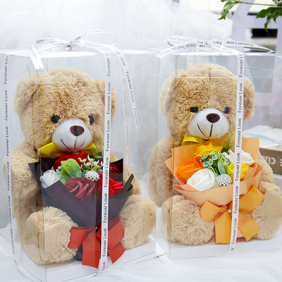 Cheap price flower artificial bouquet rose with teddy bear in PET gift box with ribbon packaging box