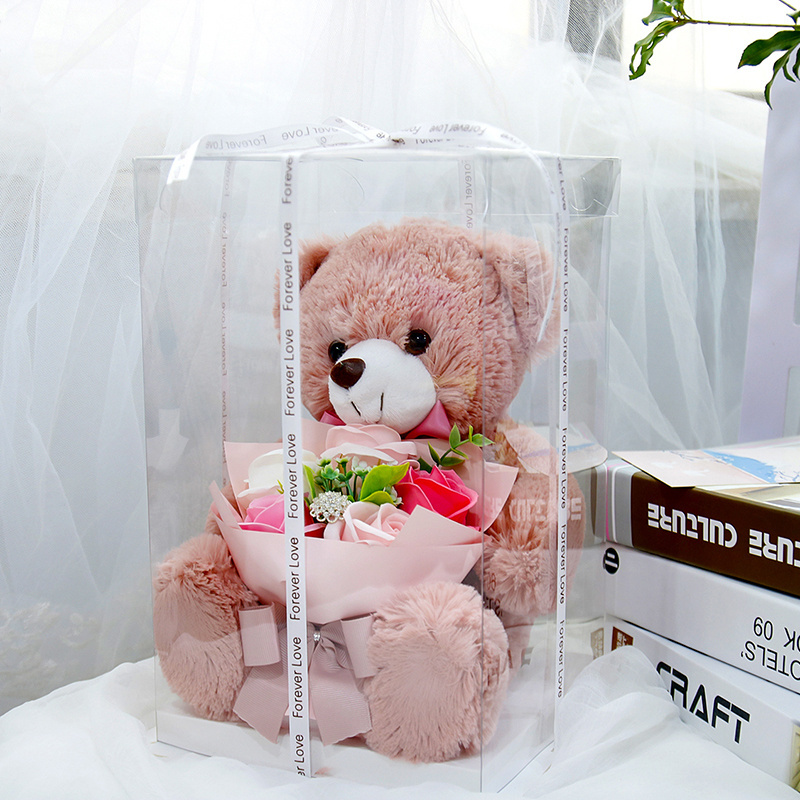 Cheap price flower artificial bouquet rose with teddy bear in PET gift box with ribbon packaging box