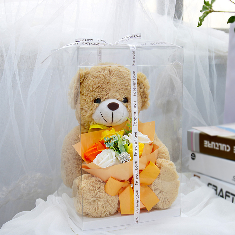 Cheap price flower artificial bouquet rose with teddy bear in PET gift box with ribbon packaging box