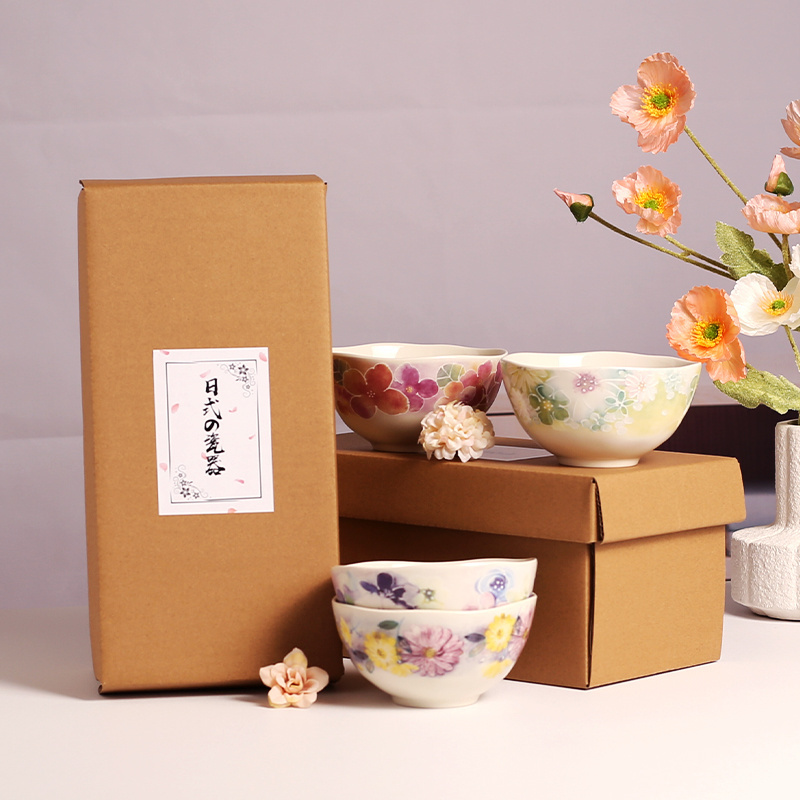 Japanese Style Ceramic Bowl Gift Set Flower Porcelain Bowls On-Glazed Porcelain Bowl