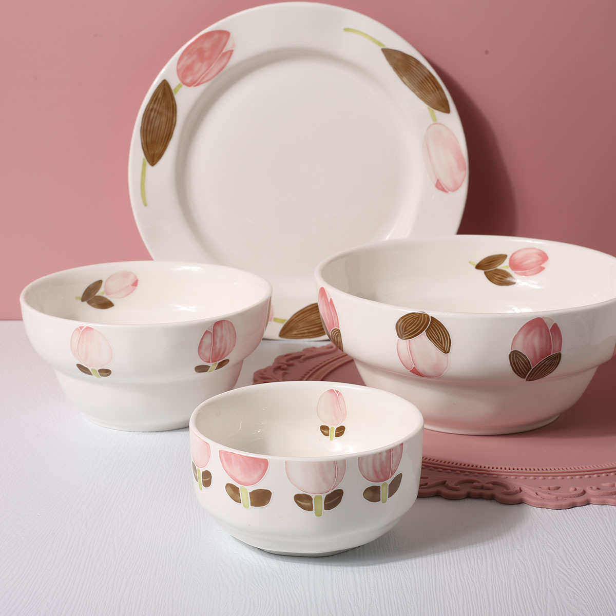 Custom Logo Peach Pattern Ceramic Dinnerware OEM ODM Restaurant Tableware Dinner Set