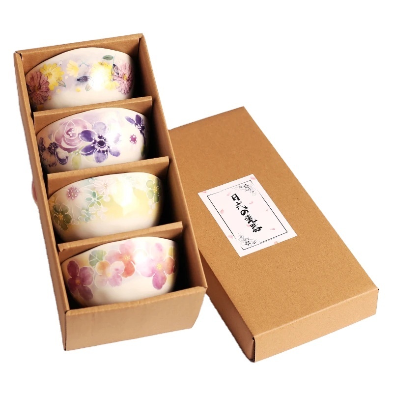 Japanese Style Ceramic Bowl Gift Set Flower Porcelain Bowls On-Glazed Porcelain Bowl