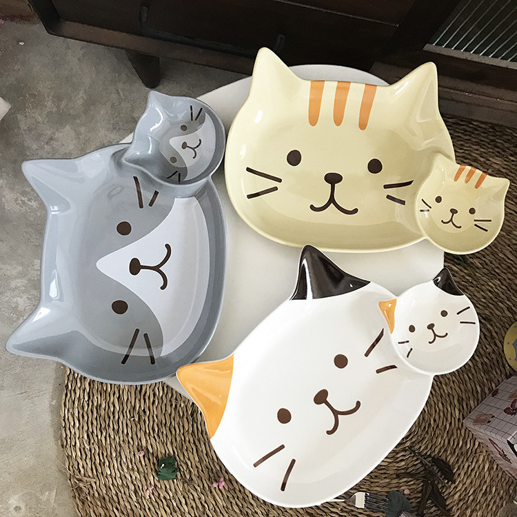 Ceramic Multi Compartment Plate Dumpling Dish Cartoon Cute Cat Shape Dinner Plates For Kid