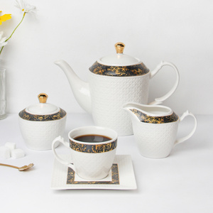 Hot Sale Ceramic Coffee Set White Porcelain Embossed Gold Line Tea Cups Saucers With Tea Pot