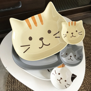 Ceramic Multi Compartment Plate Dumpling Dish Cartoon Cute Cat Shape Dinner Plates For Kid