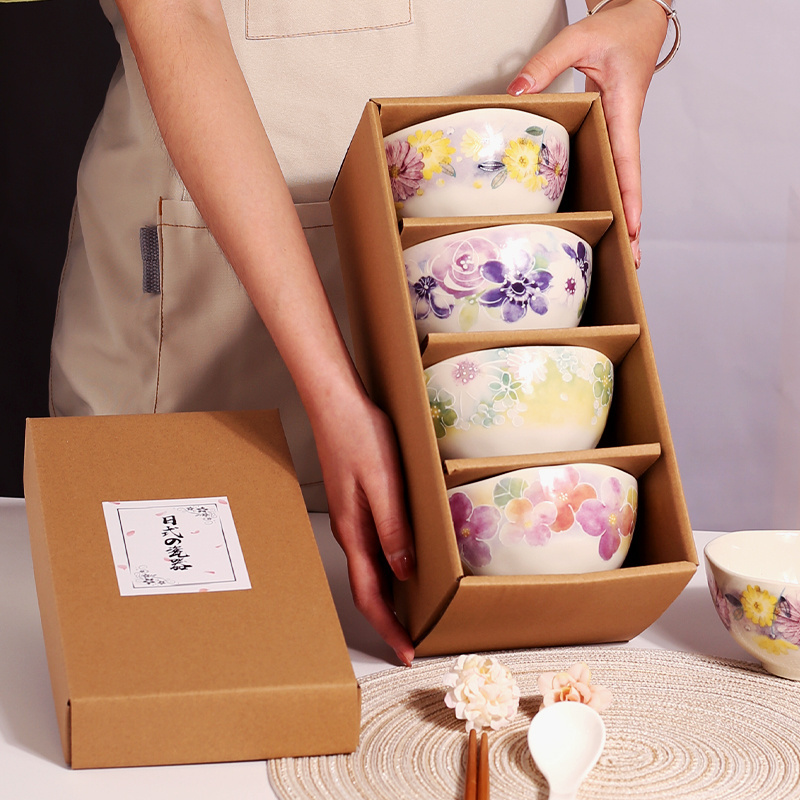 Japanese Style Ceramic Bowl Gift Set Flower Porcelain Bowls On-Glazed Porcelain Bowl