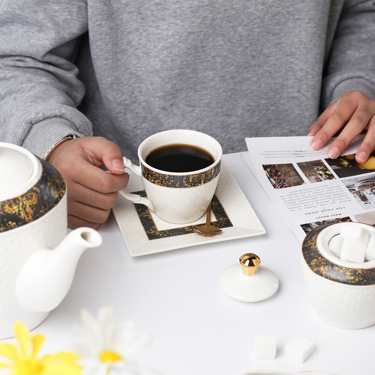 Hot Sale Ceramic Coffee Set White Porcelain Embossed Gold Line Tea Cups Saucers With Tea Pot