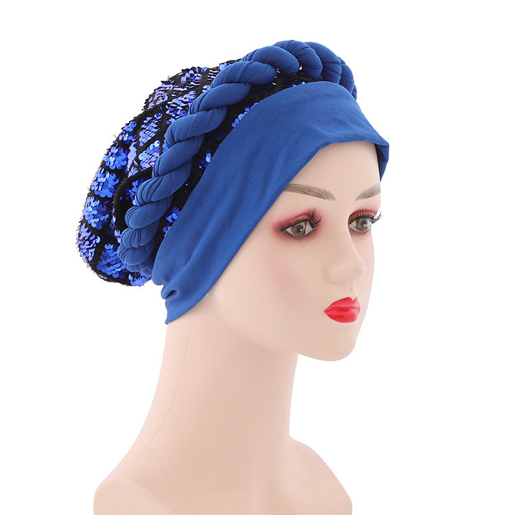 New style ladies soft plain color women african head wear wraps muslim caps fashion braid auto gele turban hat sequin braid cap