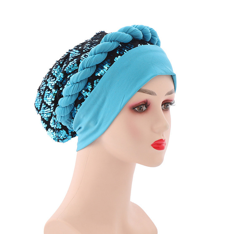 New style ladies soft plain color women african head wear wraps muslim caps fashion braid auto gele turban hat sequin braid cap