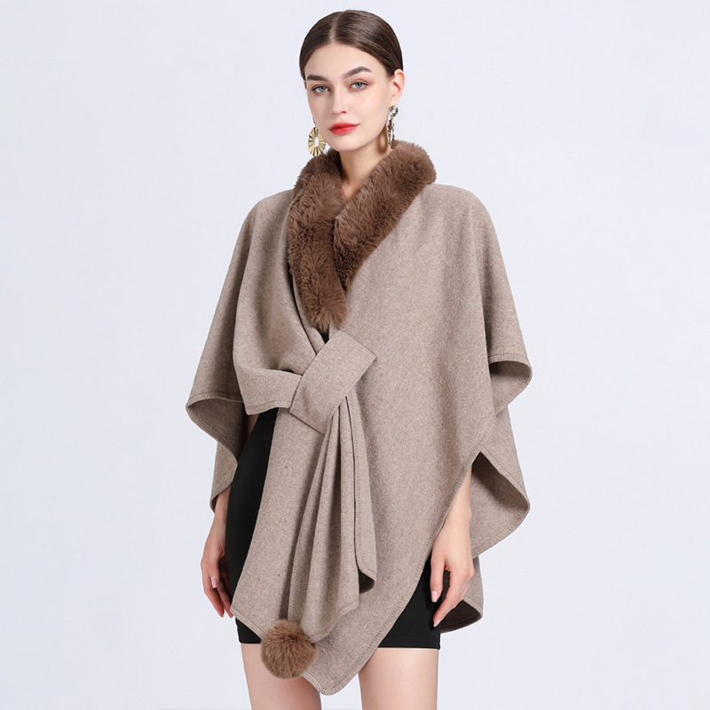 European fashion loose style faux fur collar capes shawls plain pure color cashmere blend cardigans women winter fur ponchos