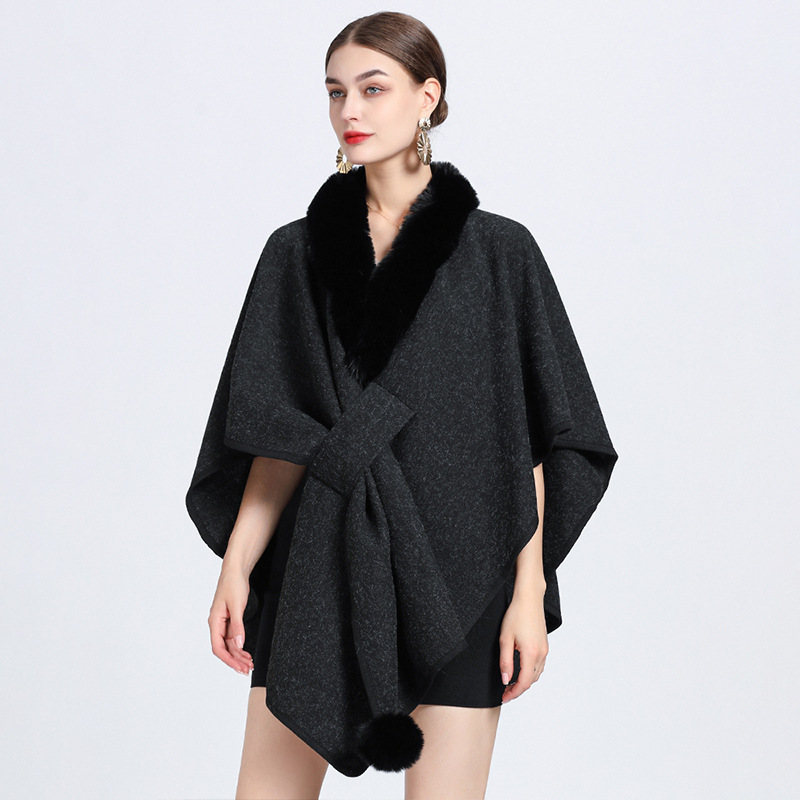 European fashion loose style faux fur collar capes shawls plain pure color cashmere blend cardigans women winter fur ponchos