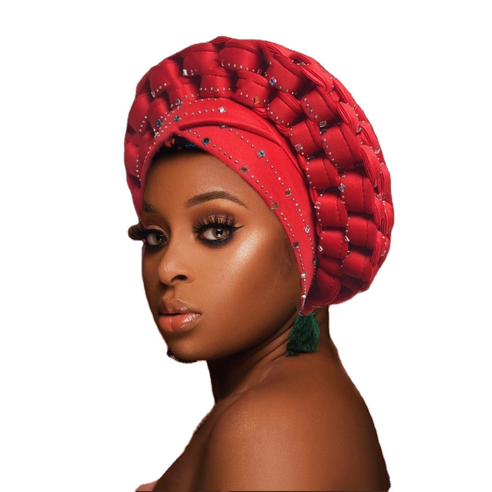 Hot selling Luxury African Muslim Turban Head Wrap Adjustable Space Beaded Snapback Hat Women Auto Gele Headtie Rhinestone Cap