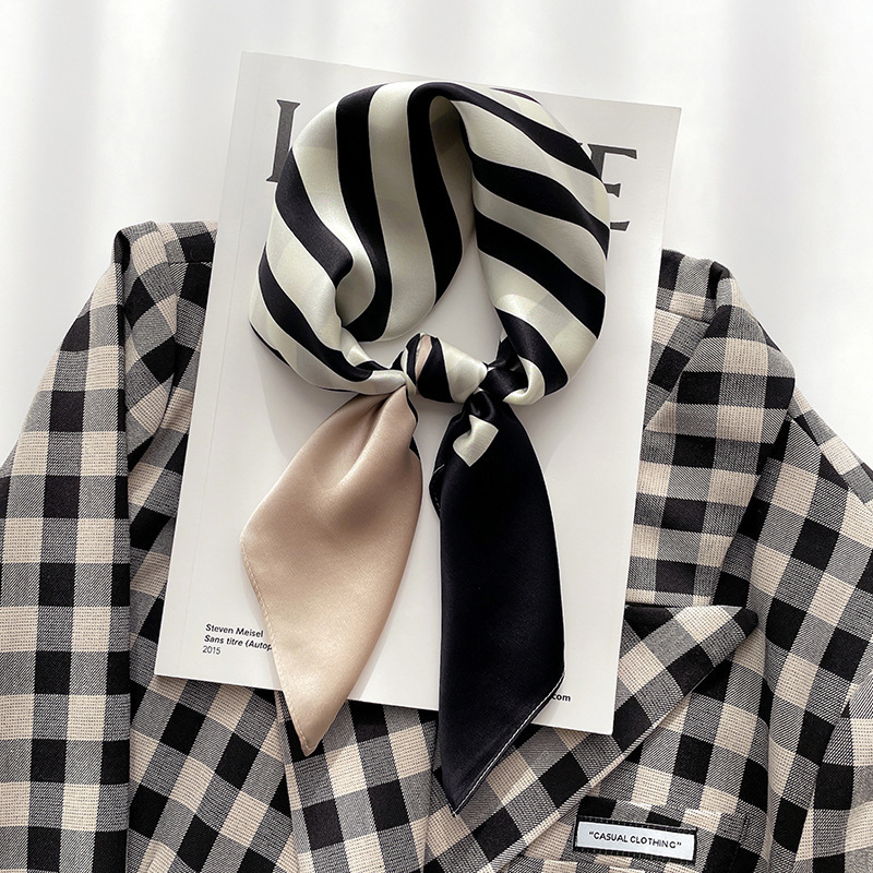 Manufacturer fashion black and white striped silk short scarf hair hijab women elegant 70cm silk bandana office ladies tie scarf