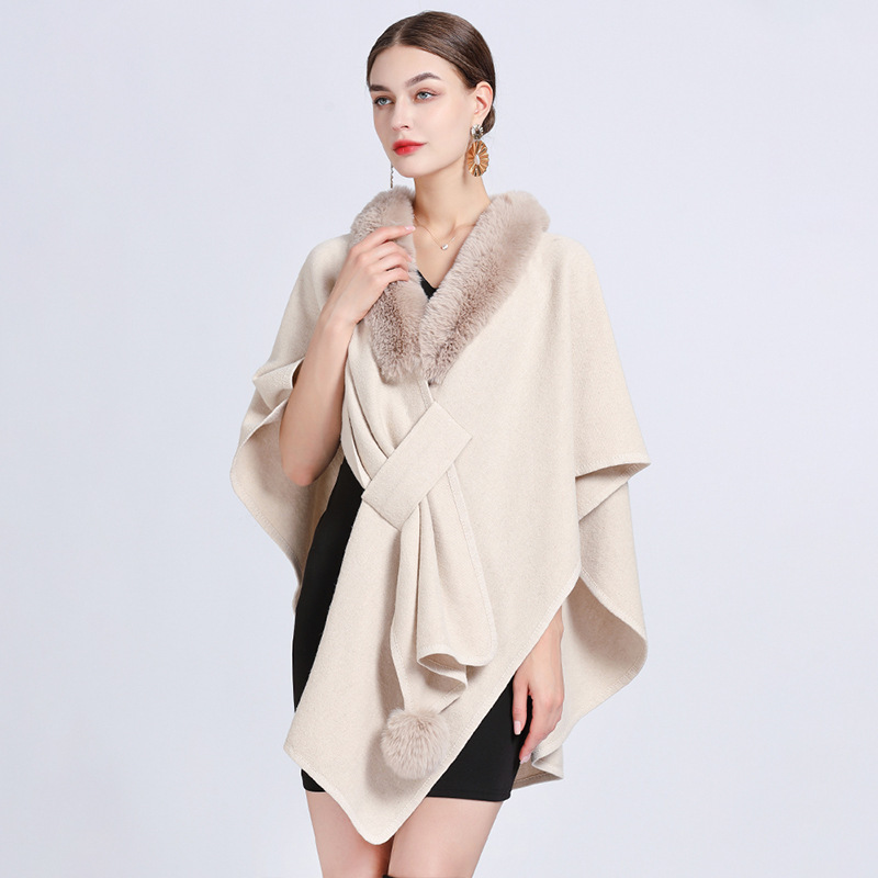 European fashion loose style faux fur collar capes shawls plain pure color cashmere blend cardigans women winter fur ponchos