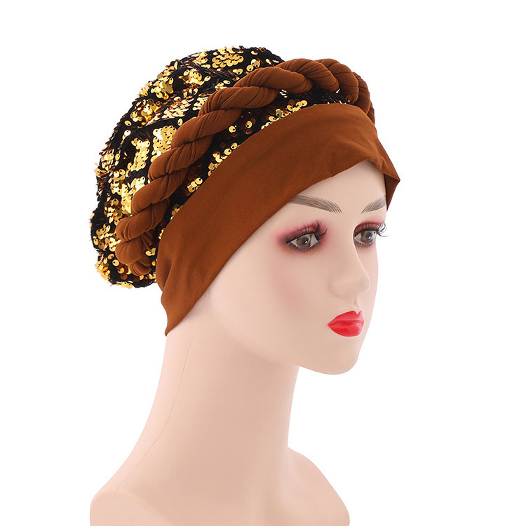 New style ladies soft plain color women african head wear wraps muslim caps fashion braid auto gele turban hat sequin braid cap