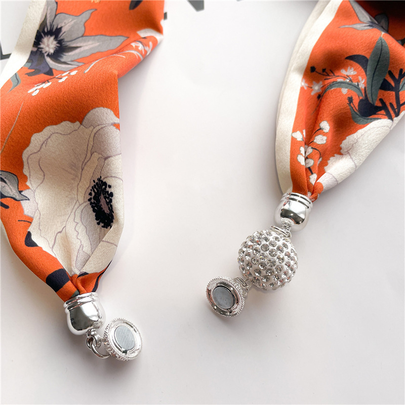 Fashion new arrival flower print silk necklace scarf accessories women elegant magnetic buckle small cowl neck silk scarves