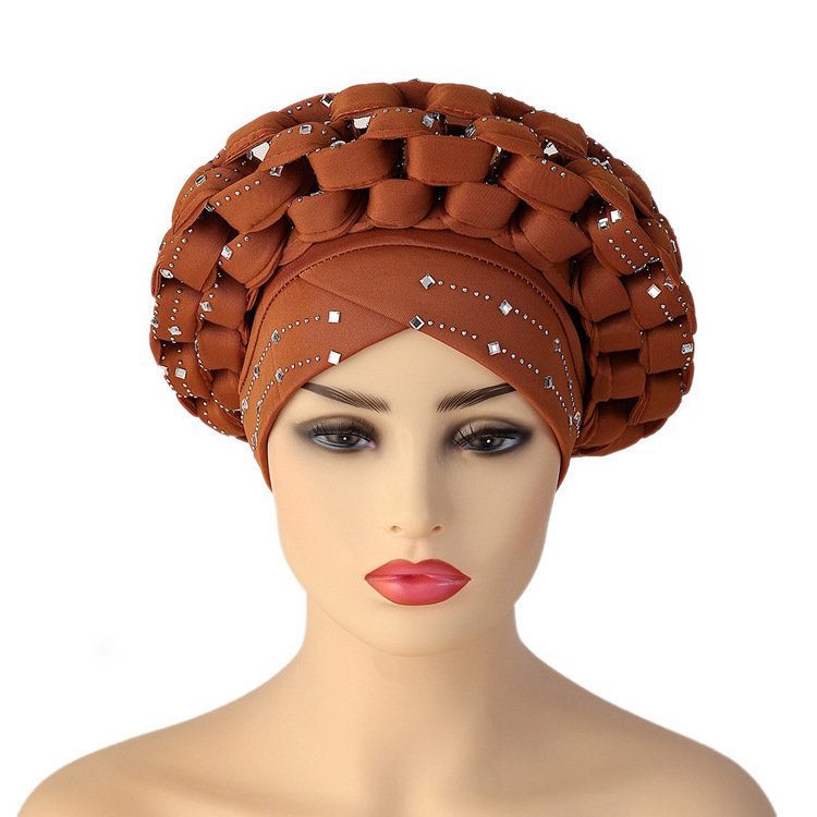 Hot selling Luxury African Muslim Turban Head Wrap Adjustable Space Beaded Snapback Hat Women Auto Gele Headtie Rhinestone Cap