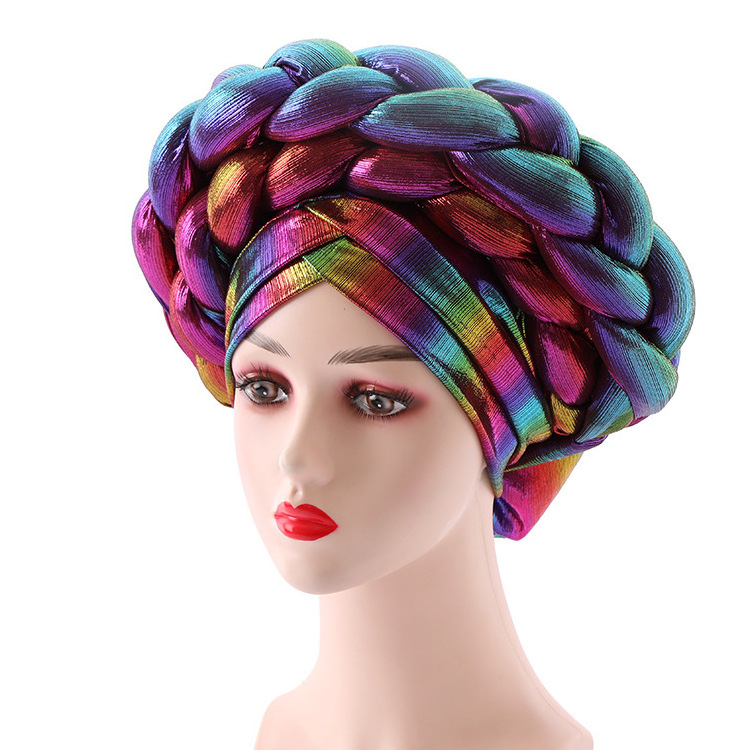 American New Style Fashion Women Colorful Elastic Cap Ladies Forehead Cross Double-layer Braid Hat Turban Nigerian Gele Headtie