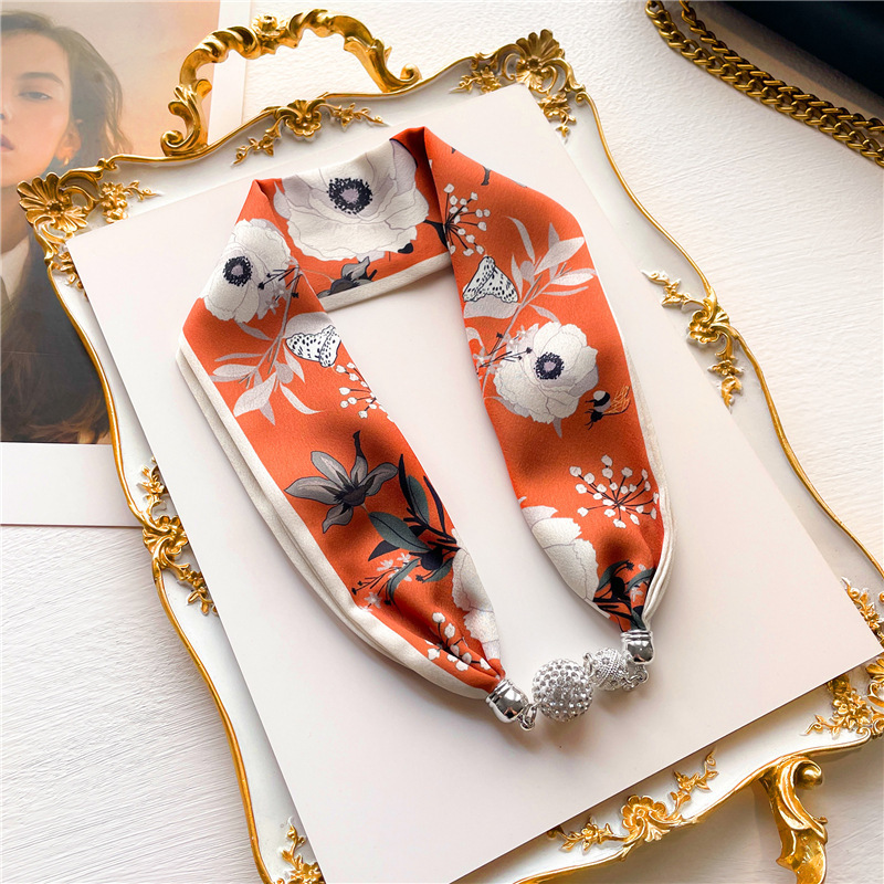 Fashion new arrival flower print silk necklace scarf accessories women elegant magnetic buckle small cowl neck silk scarves