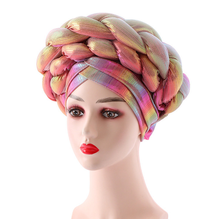 American New Style Fashion Women Colorful Elastic Cap Ladies Forehead Cross Double-layer Braid Hat Turban Nigerian Gele Headtie