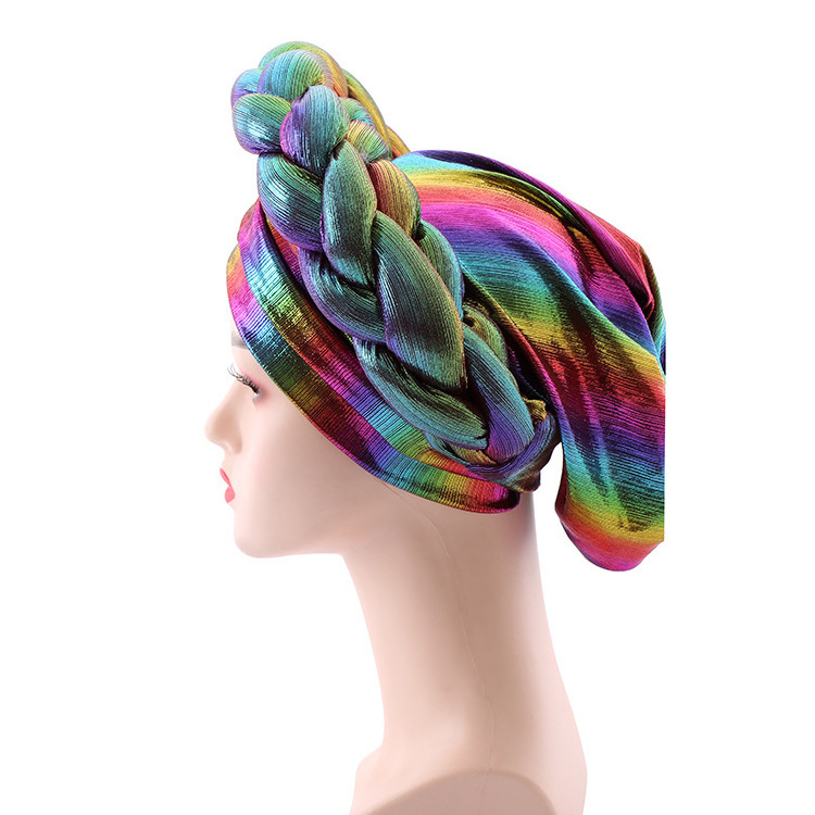 American New Style Fashion Women Colorful Elastic Cap Ladies Forehead Cross Double-layer Braid Hat Turban Nigerian Gele Headtie