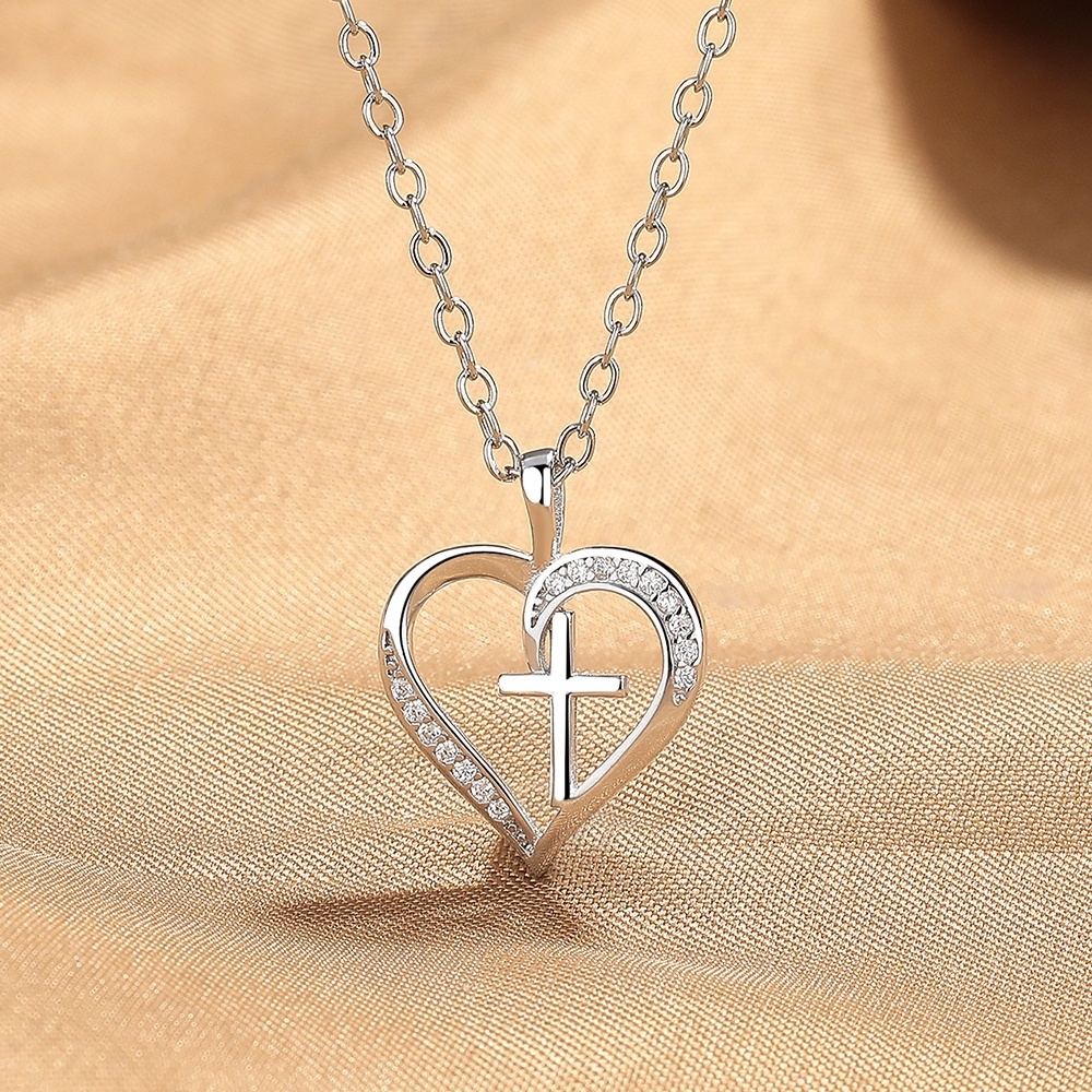 Fine Jewelry Jesus Cross Pendant in Real Silver 925 Heart Necklace with Black Enamel Jewelry for Women