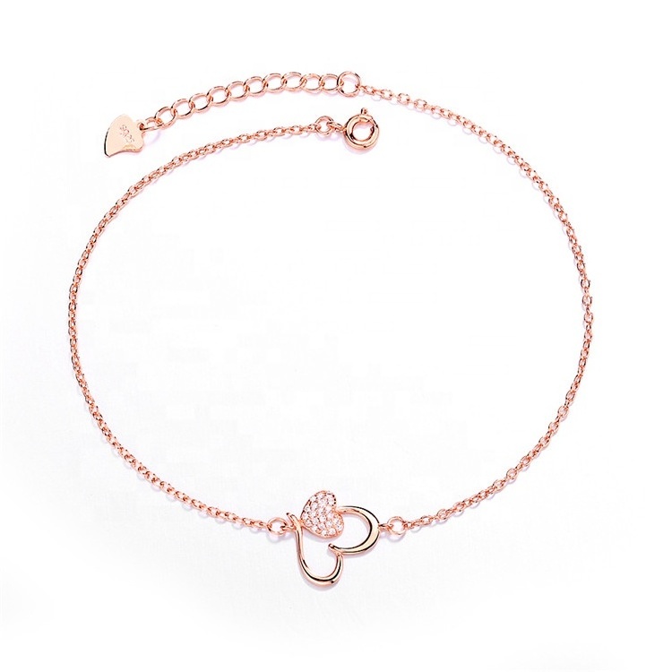 925 Sterling Silver Summer Anklet Double Heart Shape Rose Gold Handmade Anklet