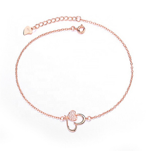 925 Sterling Silver Summer Anklet Double Heart Shape Rose Gold Handmade Anklet