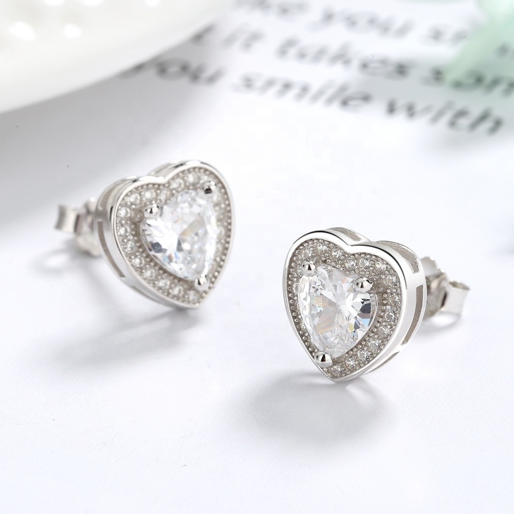 micro pave CZ heart shape earring stud earring 925 silver jewelry wholesale