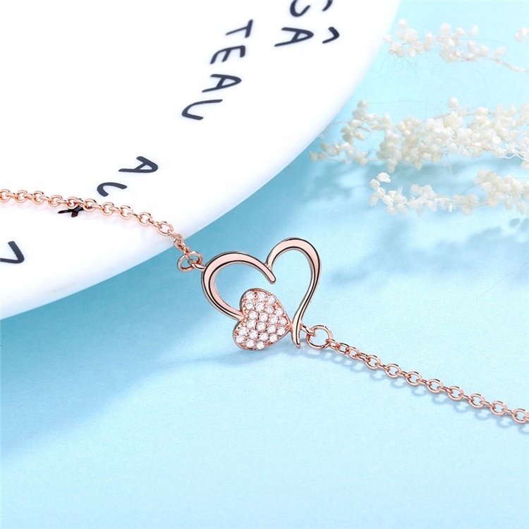 925 Sterling Silver Summer Anklet Double Heart Shape Rose Gold Handmade Anklet