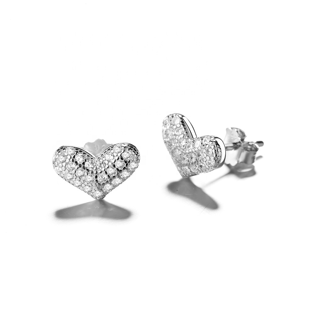 micro pave CZ heart shape earring stud earring 925 silver jewelry wholesale