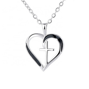 Fine Jewelry Jesus Cross Pendant in Real Silver 925 Heart Necklace with Black Enamel Jewelry for Women