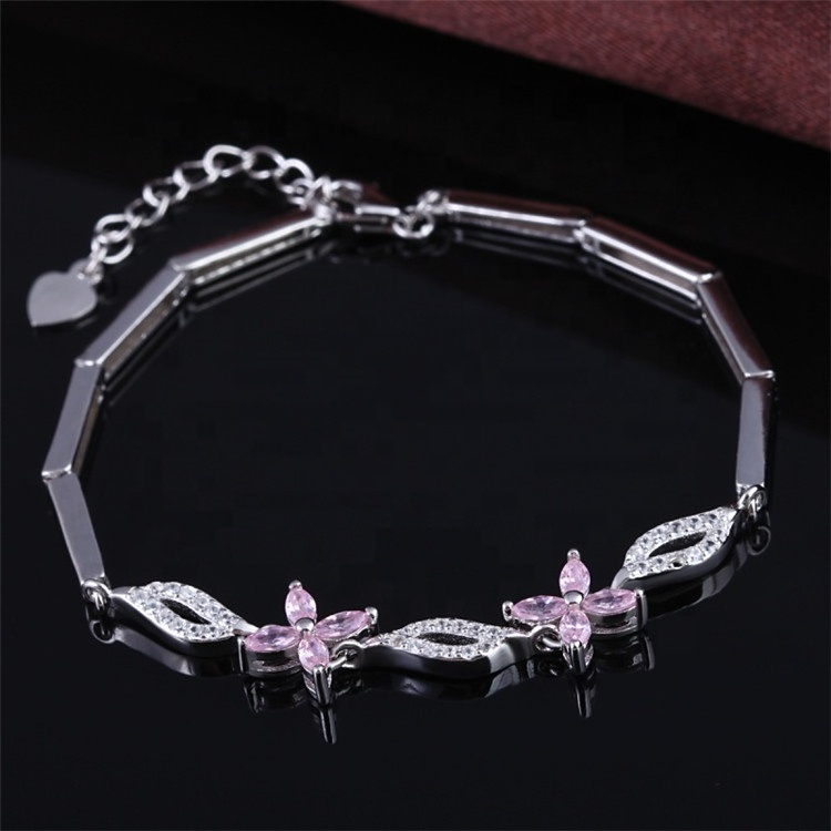 New Arrival Charm Butterfly Jewelry Pink Zircon Stone 925 Silver CZ Bracelet for Girls