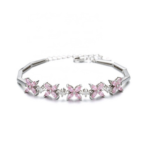 New Arrival Charm Butterfly Jewelry Pink Zircon Stone 925 Silver CZ Bracelet for Girls