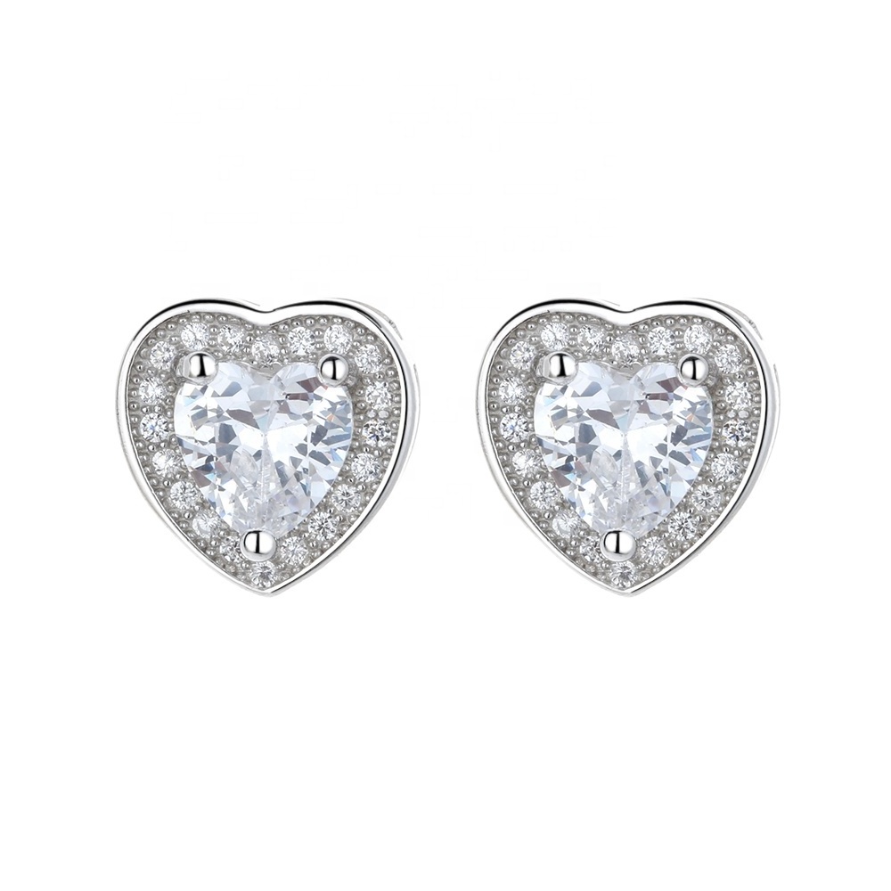 micro pave CZ heart shape earring stud earring 925 silver jewelry wholesale