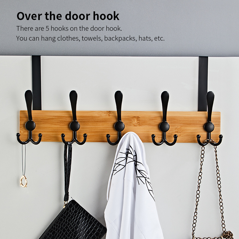 High Quality Black Metal Bamboo Over The Door Hook Coat Towel Rack Hanger with 5 bathroom 3M hooks