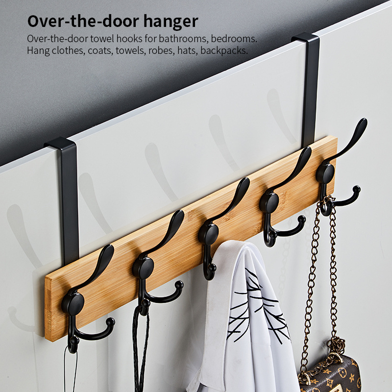 High Quality Black Metal Bamboo Over The Door Hook Coat Towel Rack Hanger with 5 bathroom 3M hooks