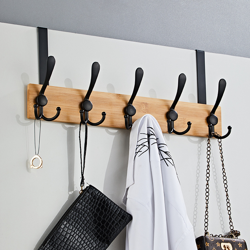 High Quality Black Metal Bamboo Over The Door Hook Coat Towel Rack Hanger with 5 bathroom 3M hooks