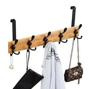 High Quality Black Metal Bamboo Over The Door Hook Coat Towel Rack Hanger with 5 bathroom 3M hooks