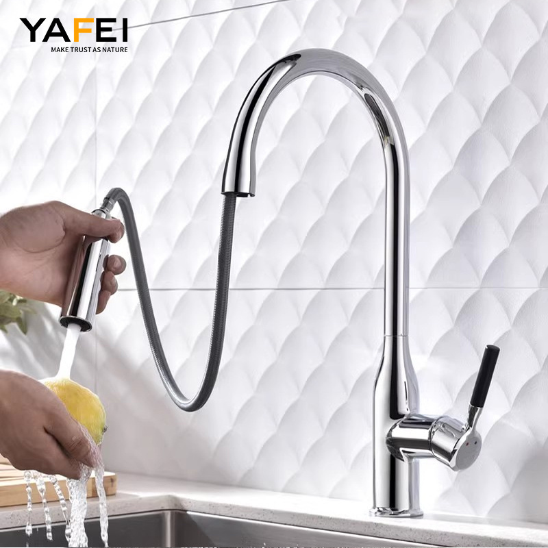 Kitchen accessories kitchen faucet, hot and cold black pull wash basin faucet  Silver Plating Single Hole Brass Adjustable Spray