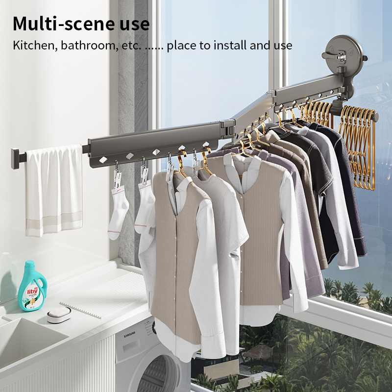 Retractable Clothes Drying Rack Suction Cup Clothing Hanger Organizer Collapsible(Tri-Fold) Laundry Wall Mounted Drying Rack