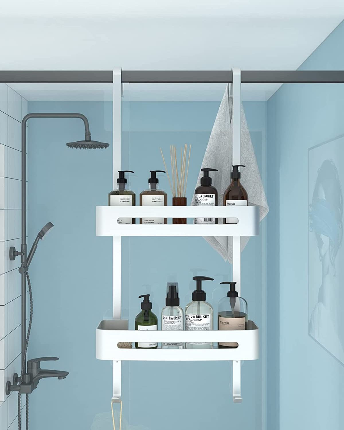 No Drilling Shower Caddy Rack Bathroom Hanging Black Shower Storage Rack With Hook 2 tiers bathroom shelves