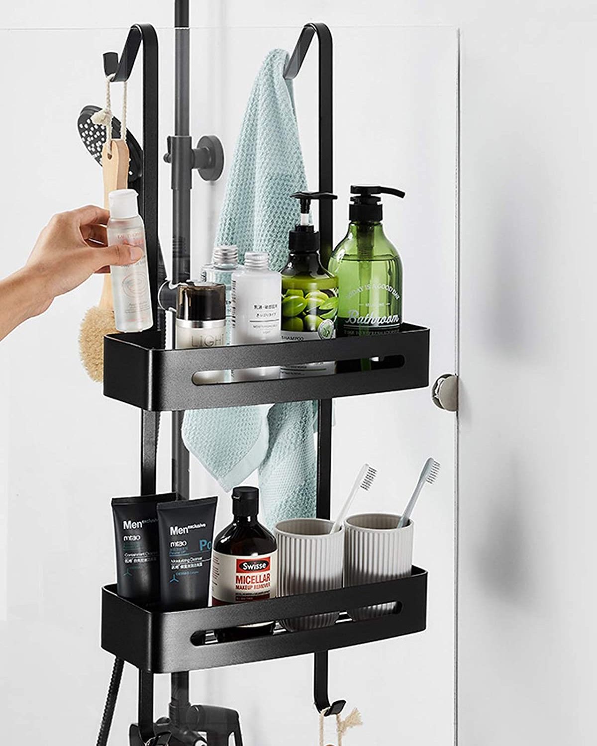 No Drilling Shower Caddy Rack Bathroom Hanging Black Shower Storage Rack With Hook 2 tiers bathroom shelves