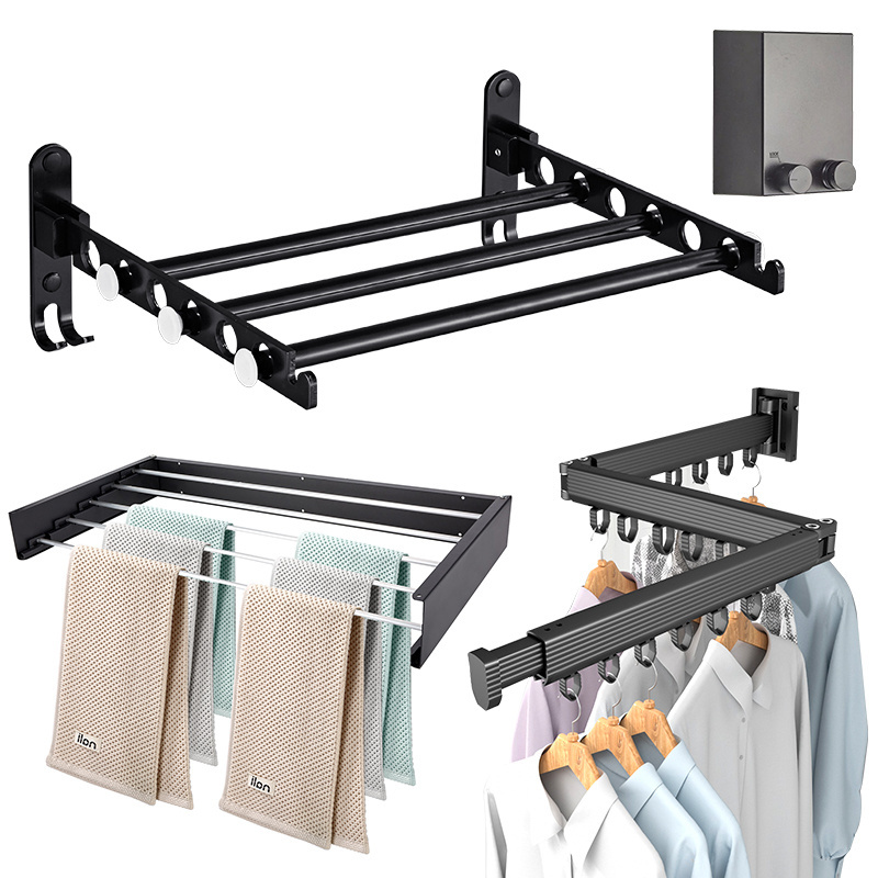 GG28 Aluminum Laundry Clothesline  Retractable Cloth Hook Drying Rack Folding Wall Mounted Clothes drying Rack Set